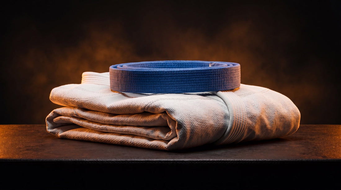 Folded BJJ gi with blue belt