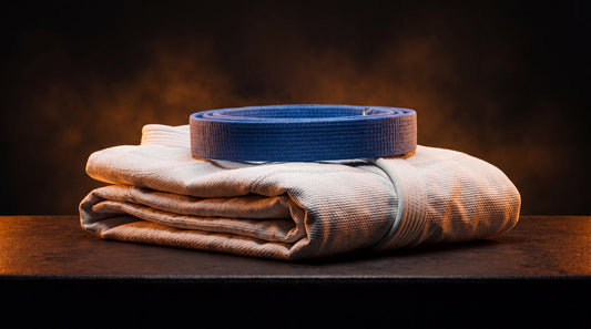 Folded BJJ gi with blue belt